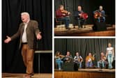   (Left) Actor and Sligo Councillor Gerry Farrell on stage at the Bee Park Community Centre last Friday during his one-man show. (TR) North Leitrim Men's Shed members taking a bow after their performance. (BR) Local musicians and Irish dancer. | David Spence